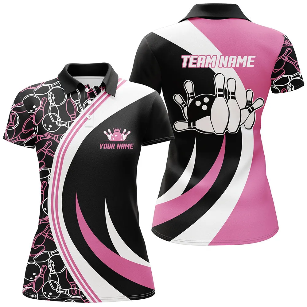 Pink Bowling Polo Shirt For Women Seamless Pattern, Custom Bowling Team Shirt for Bowler