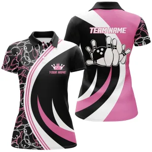 Pink Bowling Polo Shirt For Women Seamless Pattern, Custom Bowling Team Shirt for Bowler