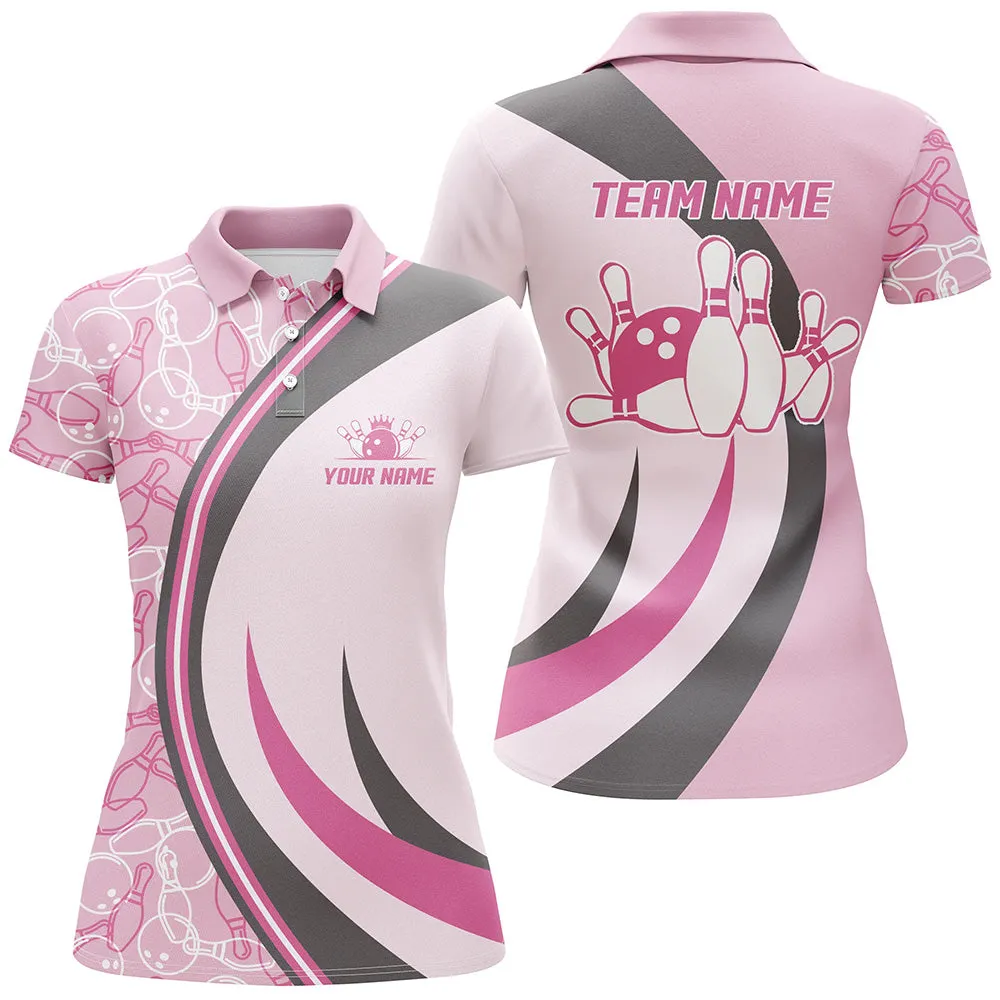 Pink Bowling Polo Shirt For Women Seamless Pattern, Custom Bowling Team Shirt for Bowler