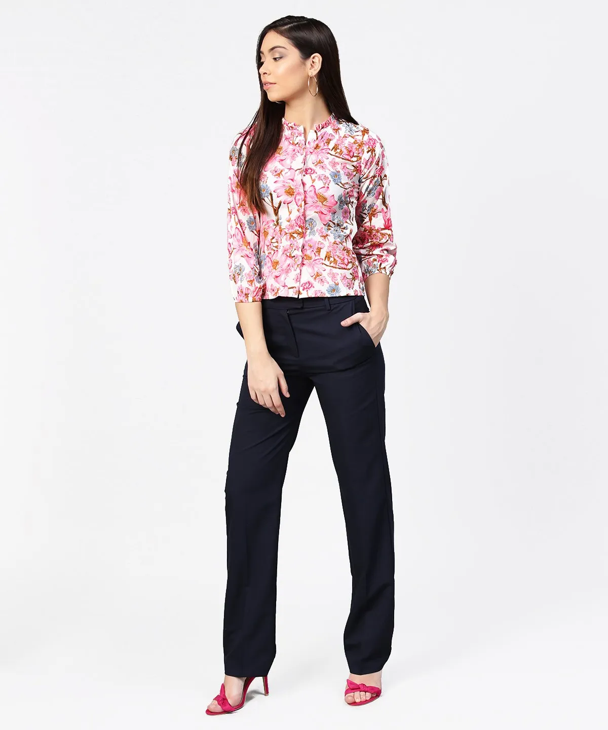 Pink Flower Print Full Sleeve Crop Tops