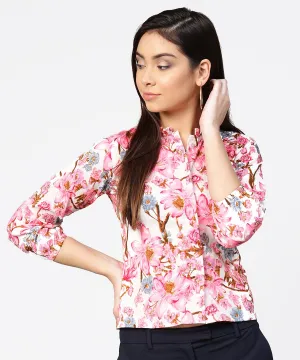 Pink Flower Print Full Sleeve Crop Tops