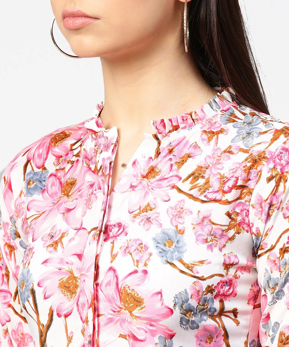 Pink Flower Print Full Sleeve Crop Tops