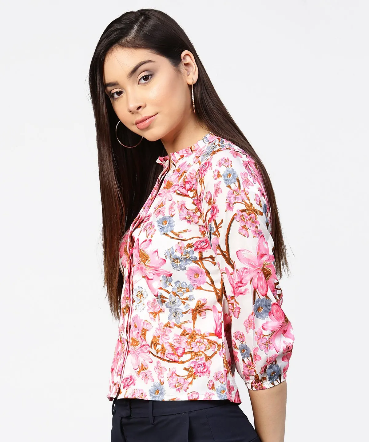 Pink Flower Print Full Sleeve Crop Tops