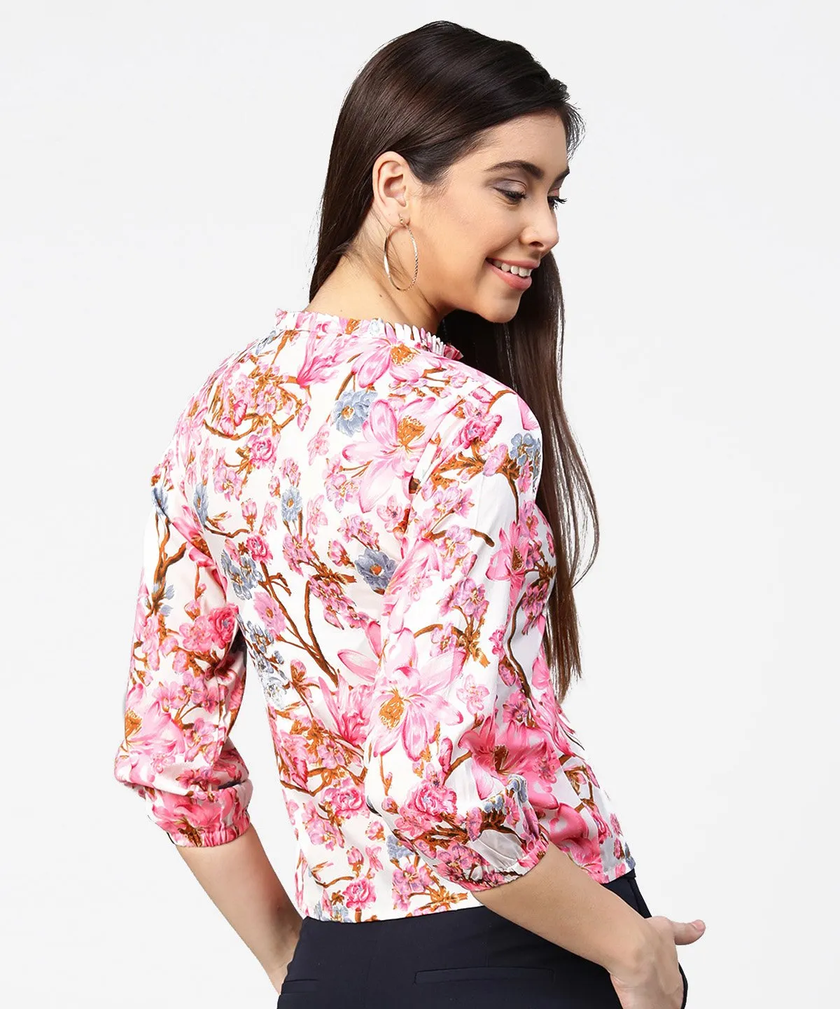 Pink Flower Print Full Sleeve Crop Tops
