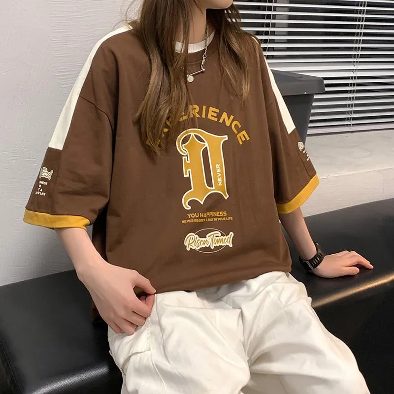 Pure Cotton Color Block Comfortable Drop Shoulder Loose Fit Short Sleeve Tee