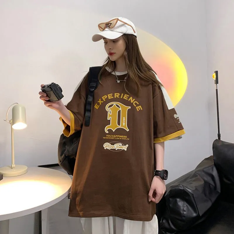 Pure Cotton Color Block Comfortable Drop Shoulder Loose Fit Short Sleeve Tee