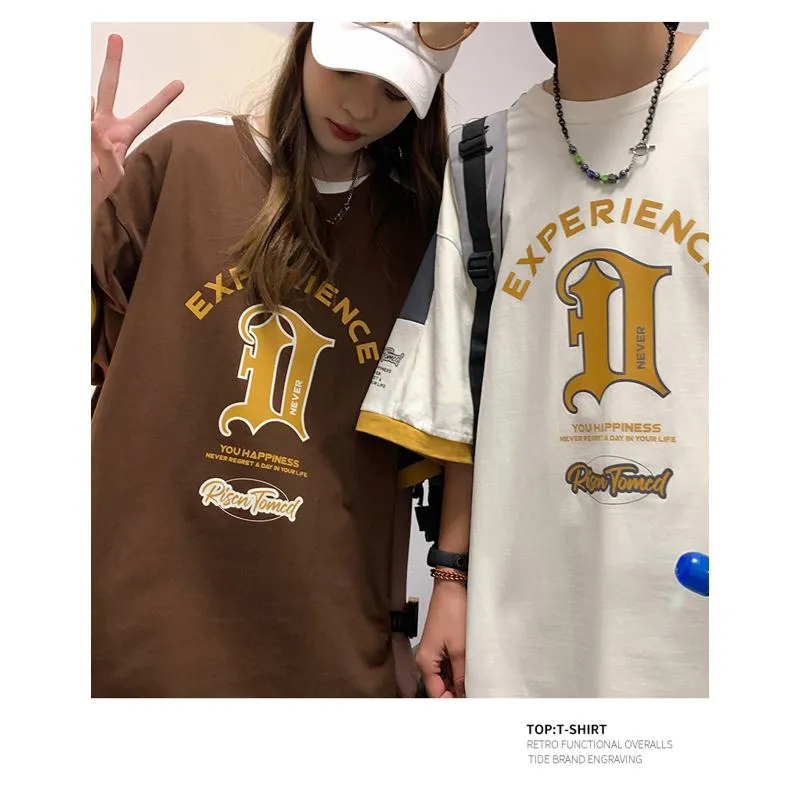 Pure Cotton Color Block Comfortable Drop Shoulder Loose Fit Short Sleeve Tee