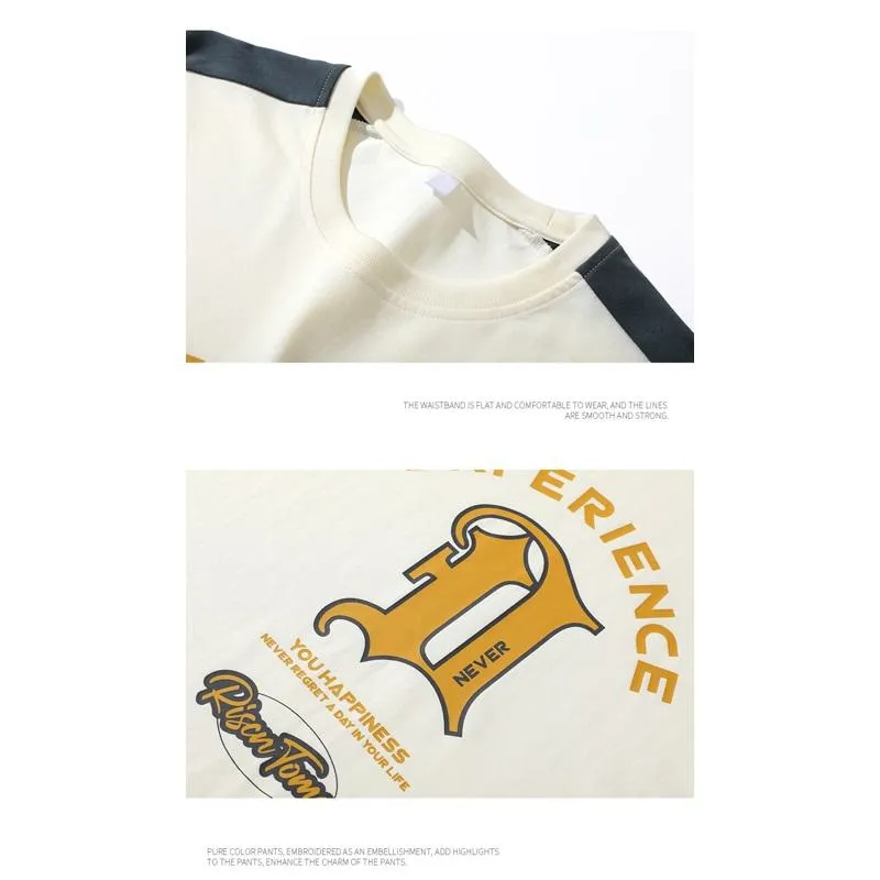 Pure Cotton Color Block Comfortable Drop Shoulder Loose Fit Short Sleeve Tee