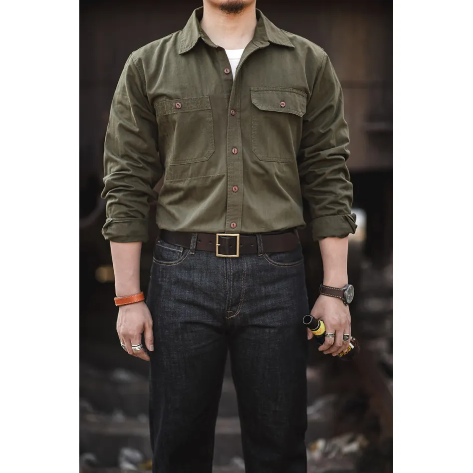 Retro Patched Pocket Workwear Style Button Loose Fit Long Sleeve Shirt