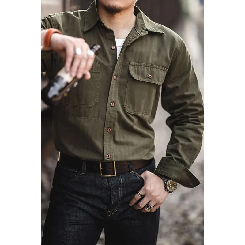 Retro Patched Pocket Workwear Style Button Loose Fit Long Sleeve Shirt
