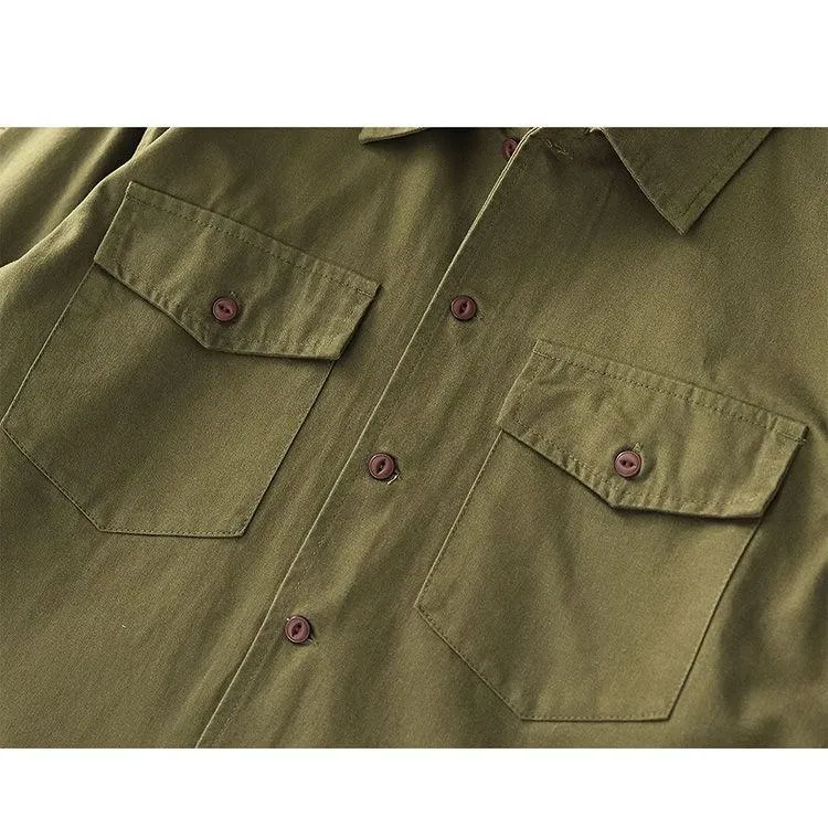 Retro Patched Pocket Workwear Style Button Loose Fit Long Sleeve Shirt