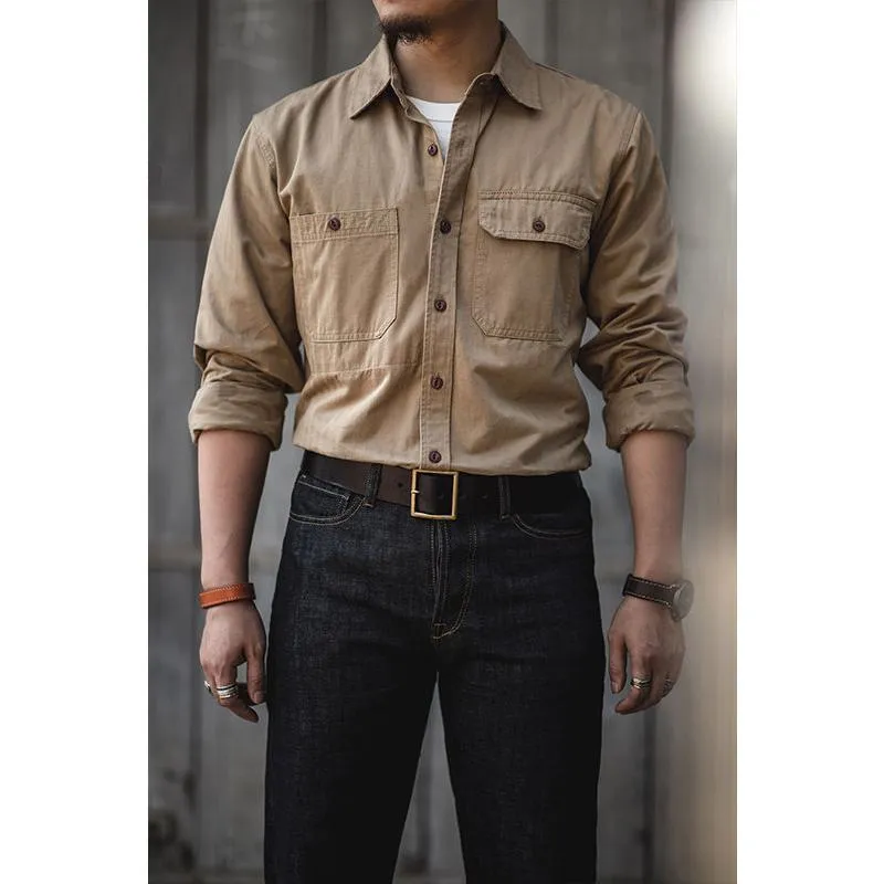 Retro Patched Pocket Workwear Style Button Loose Fit Long Sleeve Shirt
