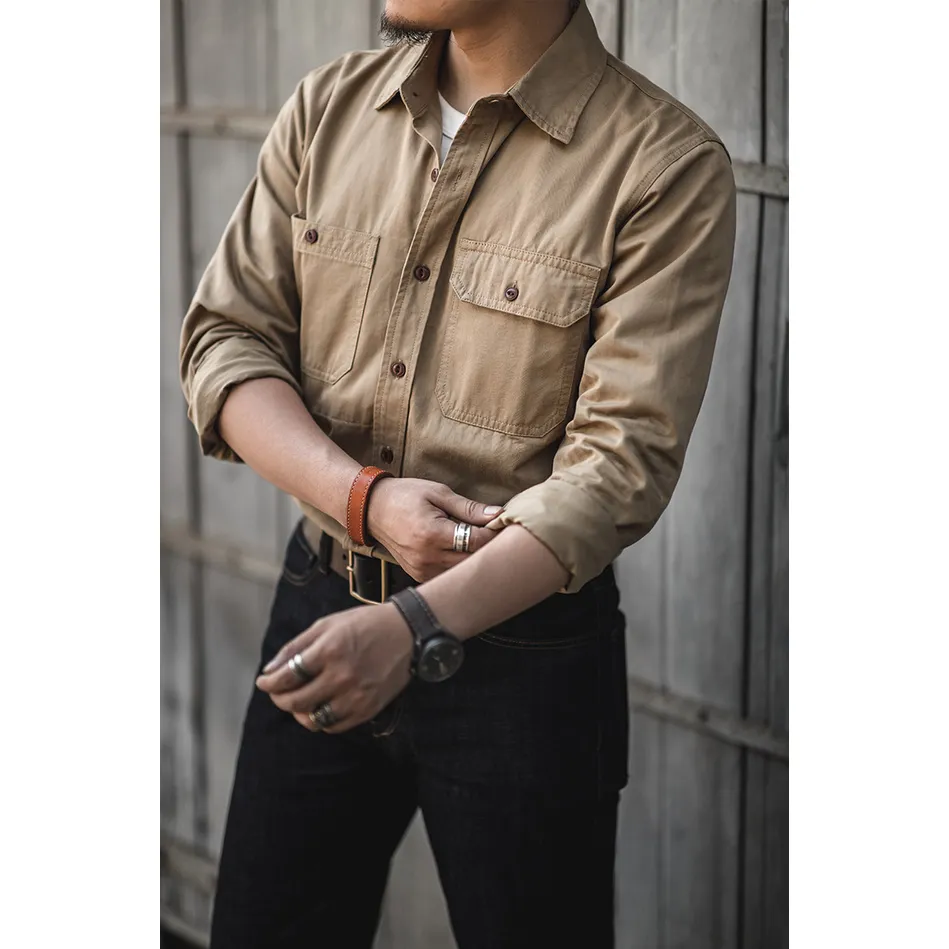 Retro Patched Pocket Workwear Style Button Loose Fit Long Sleeve Shirt