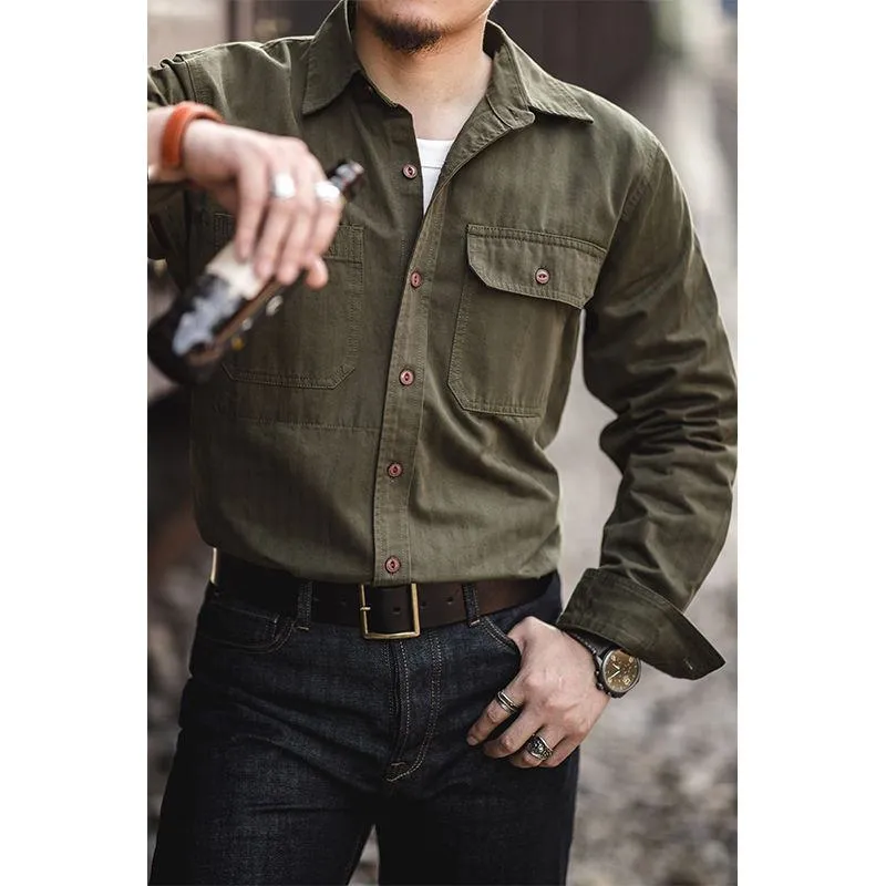Retro Patched Pocket Workwear Style Button Loose Fit Long Sleeve Shirt