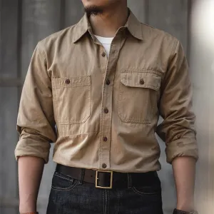 Retro Patched Pocket Workwear Style Button Loose Fit Long Sleeve Shirt