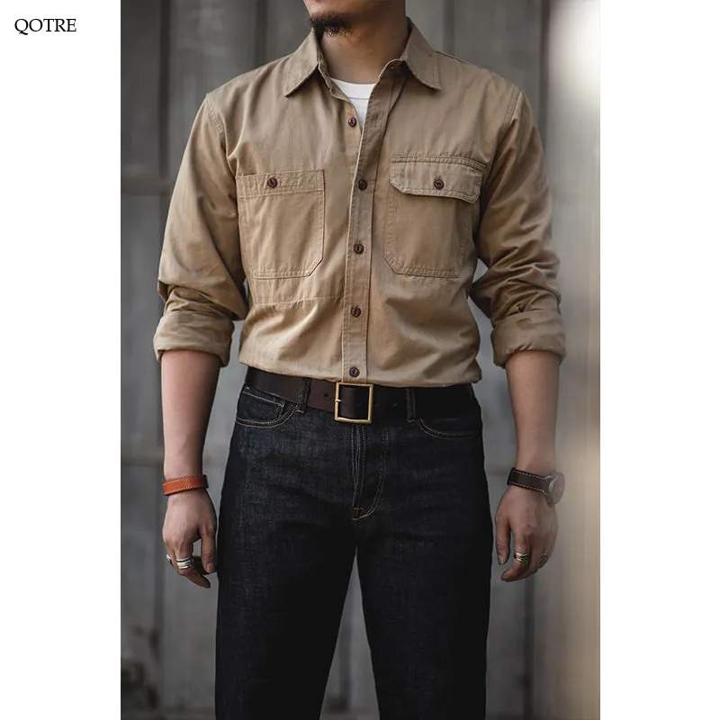 Retro Patched Pocket Workwear Style Button Loose Fit Long Sleeve Shirt