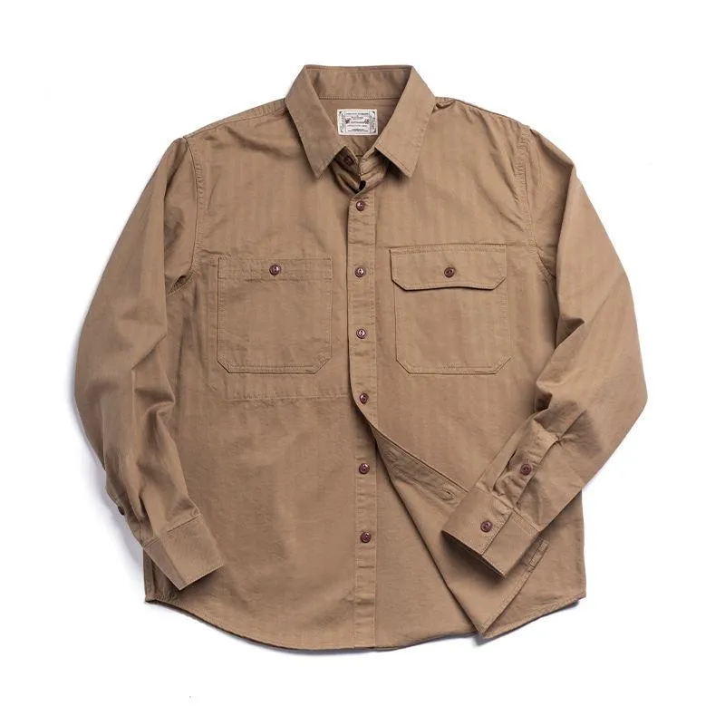 Retro Patched Pocket Workwear Style Button Loose Fit Long Sleeve Shirt