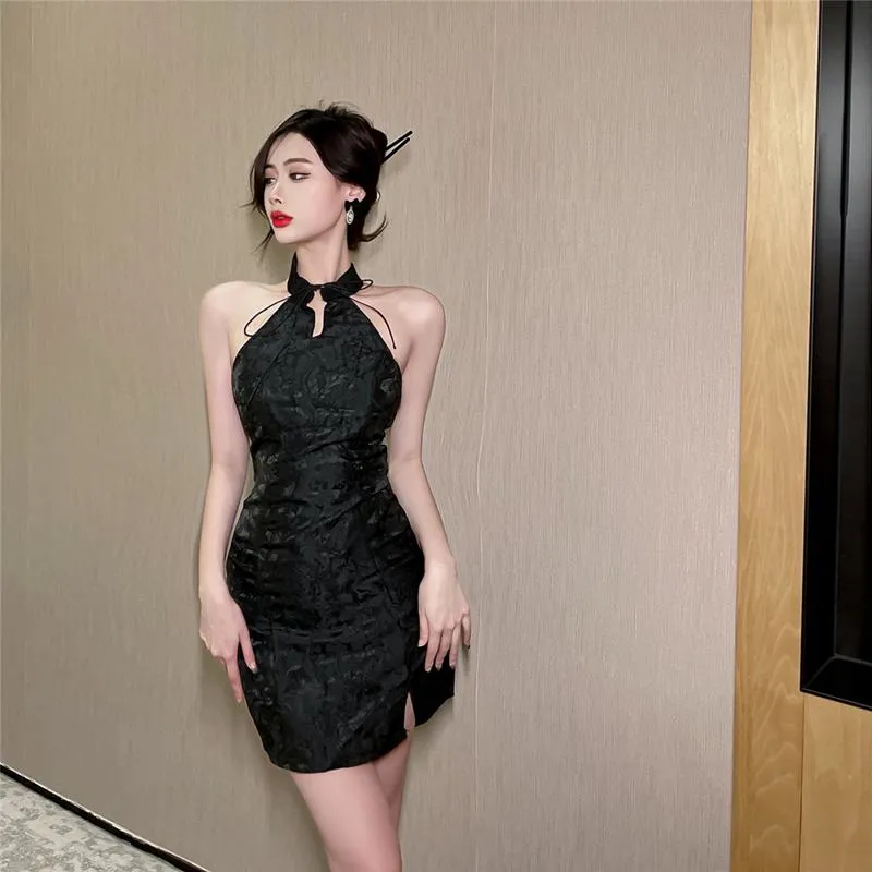 Retro Stand-Up Collar Solid Jacquard Halter Dress