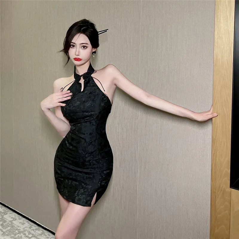 Retro Stand-Up Collar Solid Jacquard Halter Dress