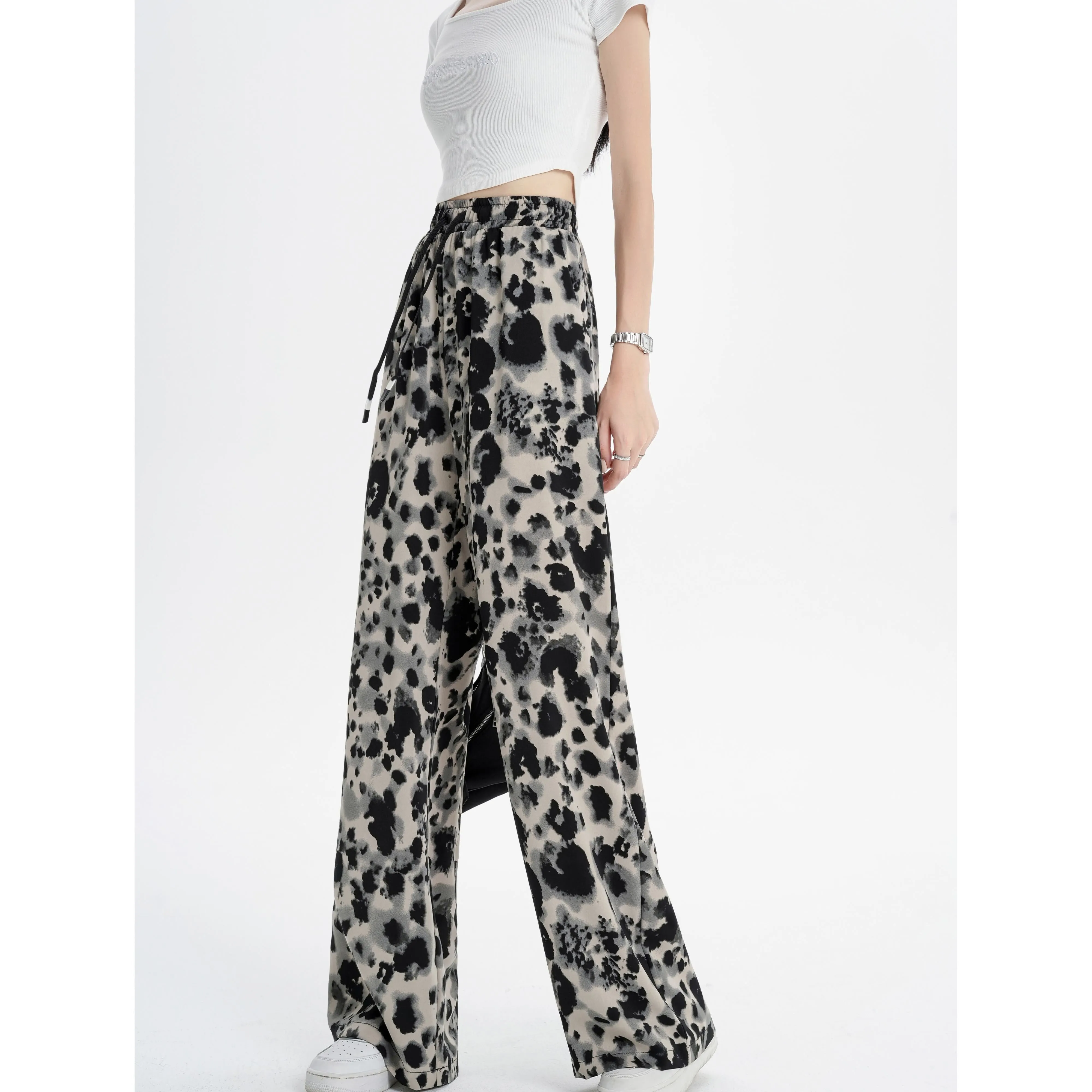 Silky Draping Loose-Fit Leopard-Print Chiffon Tie-Dye Wide Leg Pants
