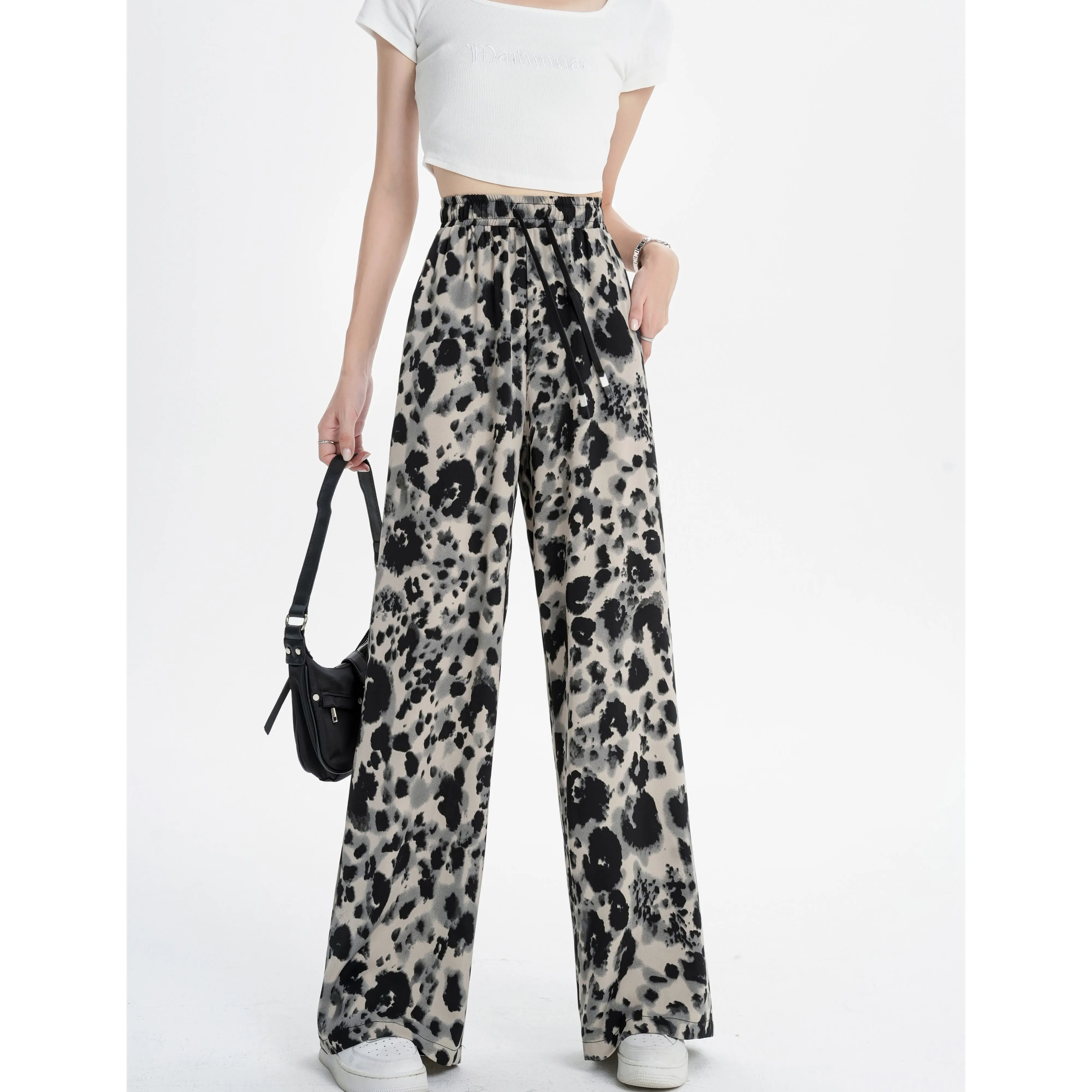 Silky Draping Loose-Fit Leopard-Print Chiffon Tie-Dye Wide Leg Pants