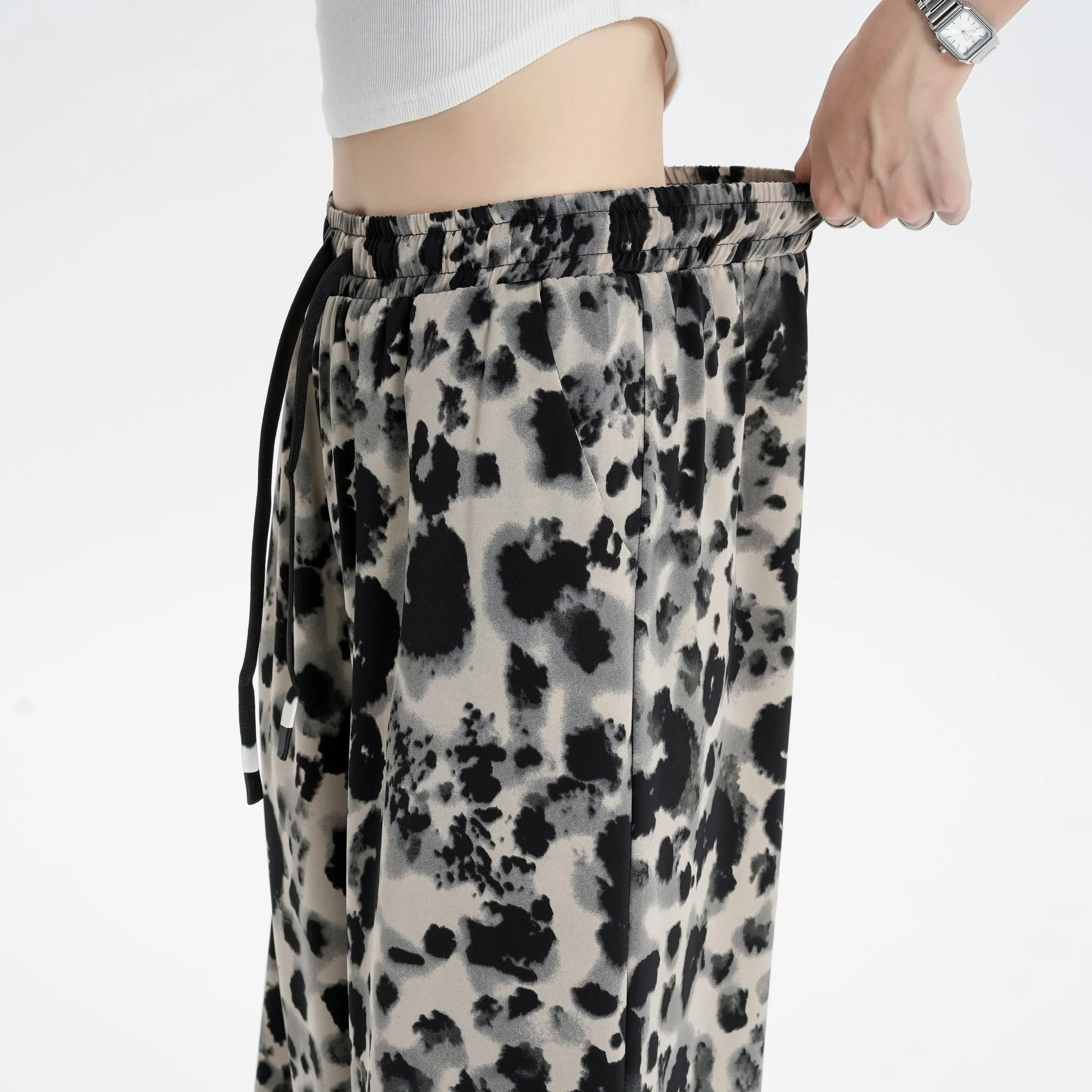 Silky Draping Loose-Fit Leopard-Print Chiffon Tie-Dye Wide Leg Pants