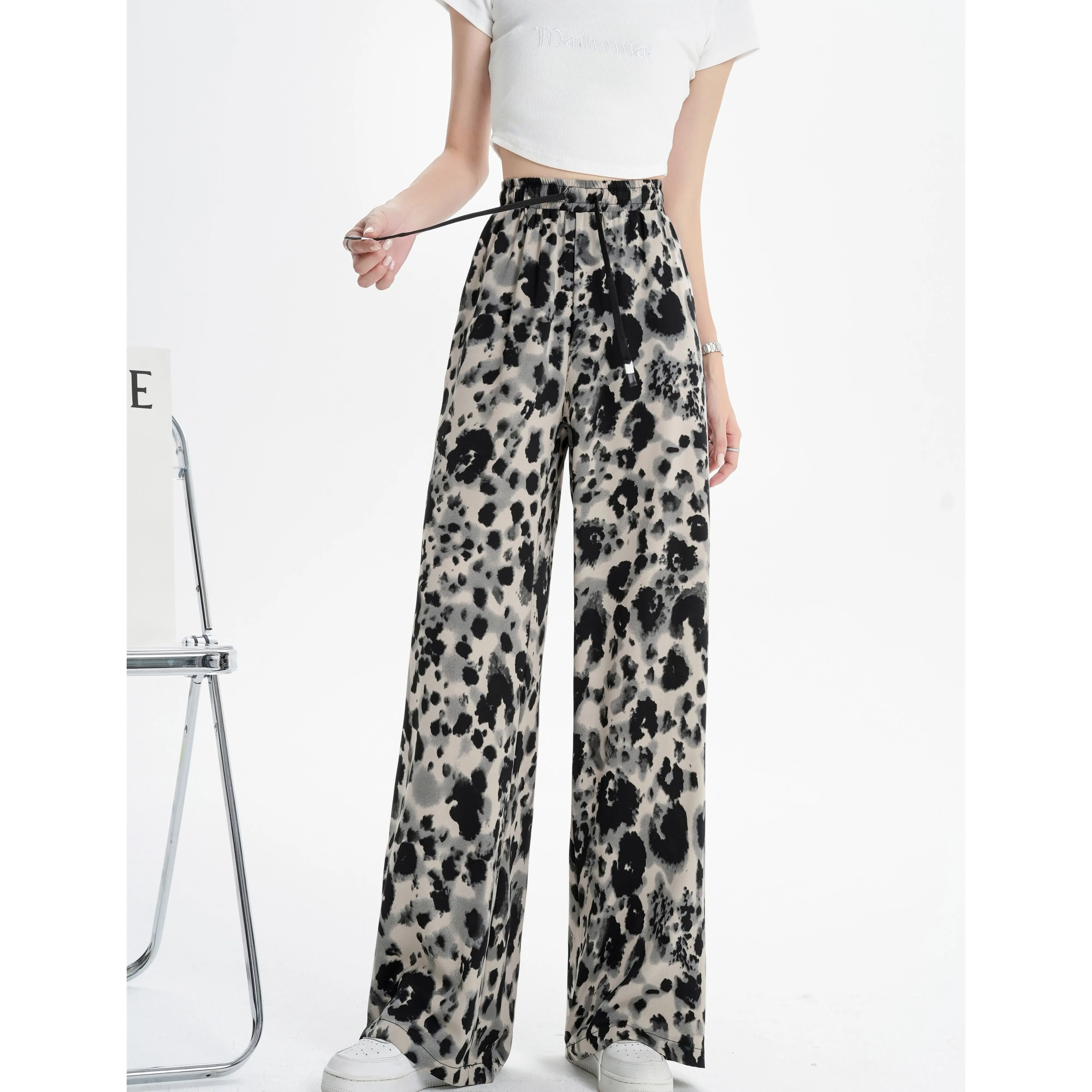 Silky Draping Loose-Fit Leopard-Print Chiffon Tie-Dye Wide Leg Pants