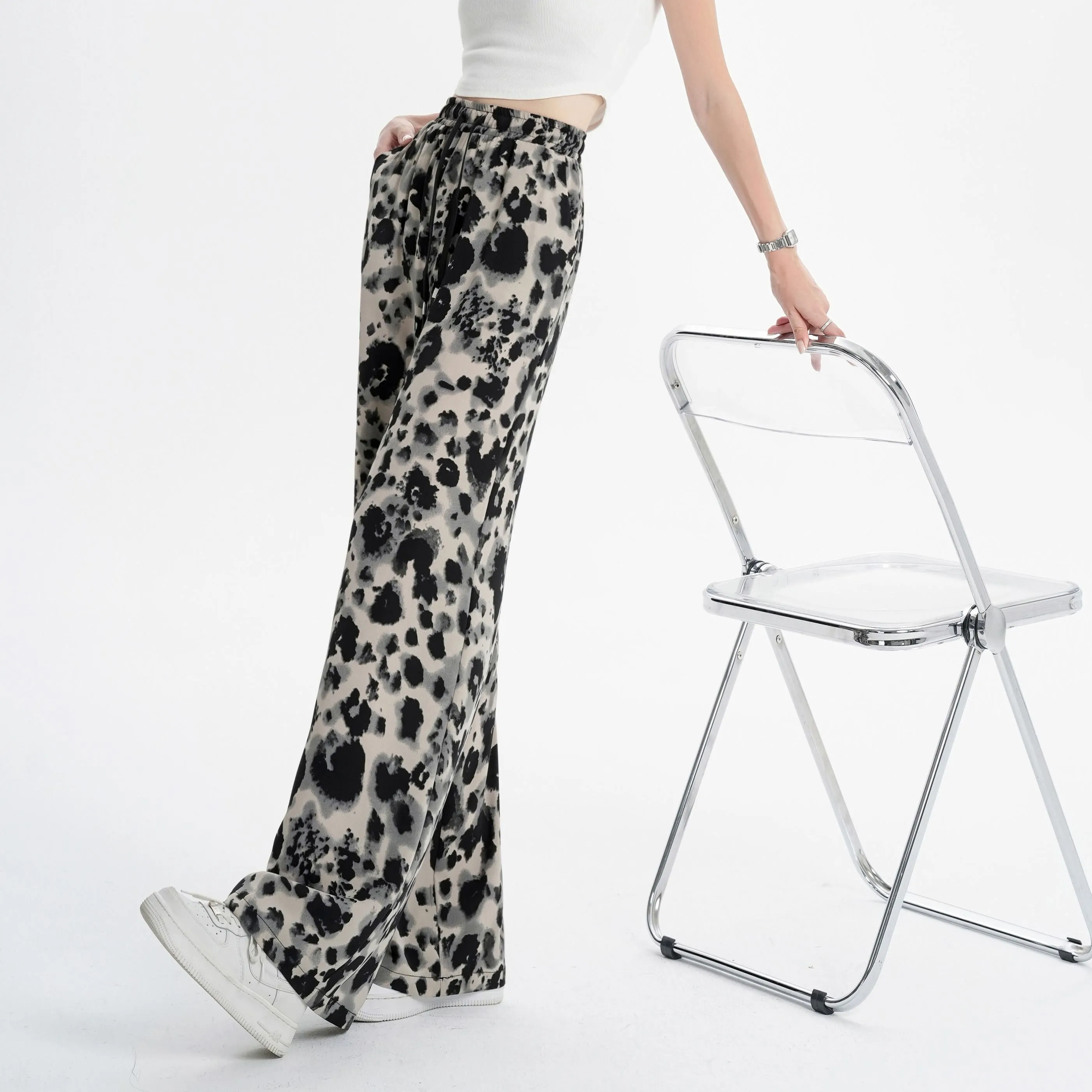 Silky Draping Loose-Fit Leopard-Print Chiffon Tie-Dye Wide Leg Pants