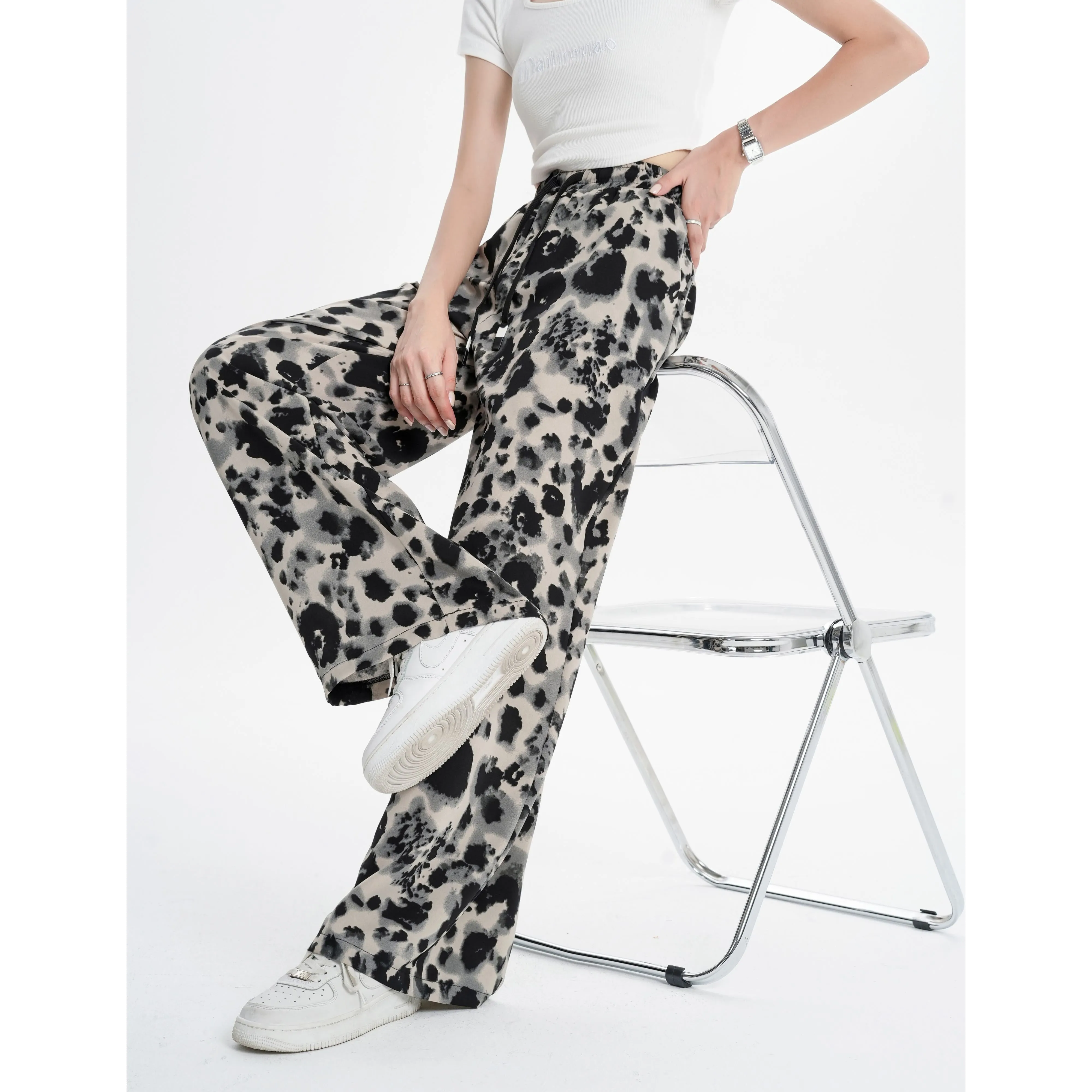 Silky Draping Loose-Fit Leopard-Print Chiffon Tie-Dye Wide Leg Pants
