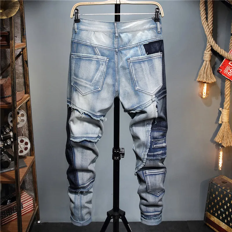 Slim fit Stitching Color-blocking Stretch-footed Men's Jeans