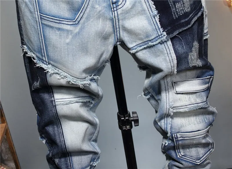 Slim fit Stitching Color-blocking Stretch-footed Men's Jeans