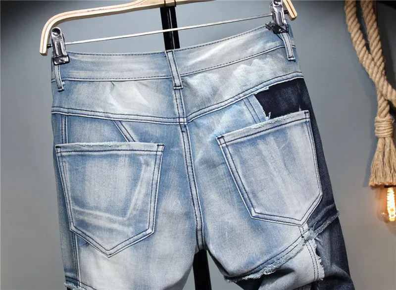 Slim fit Stitching Color-blocking Stretch-footed Men's Jeans
