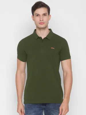 Spykar Men Green Cotton Slim Fit Round Neck Polo T-Shirt