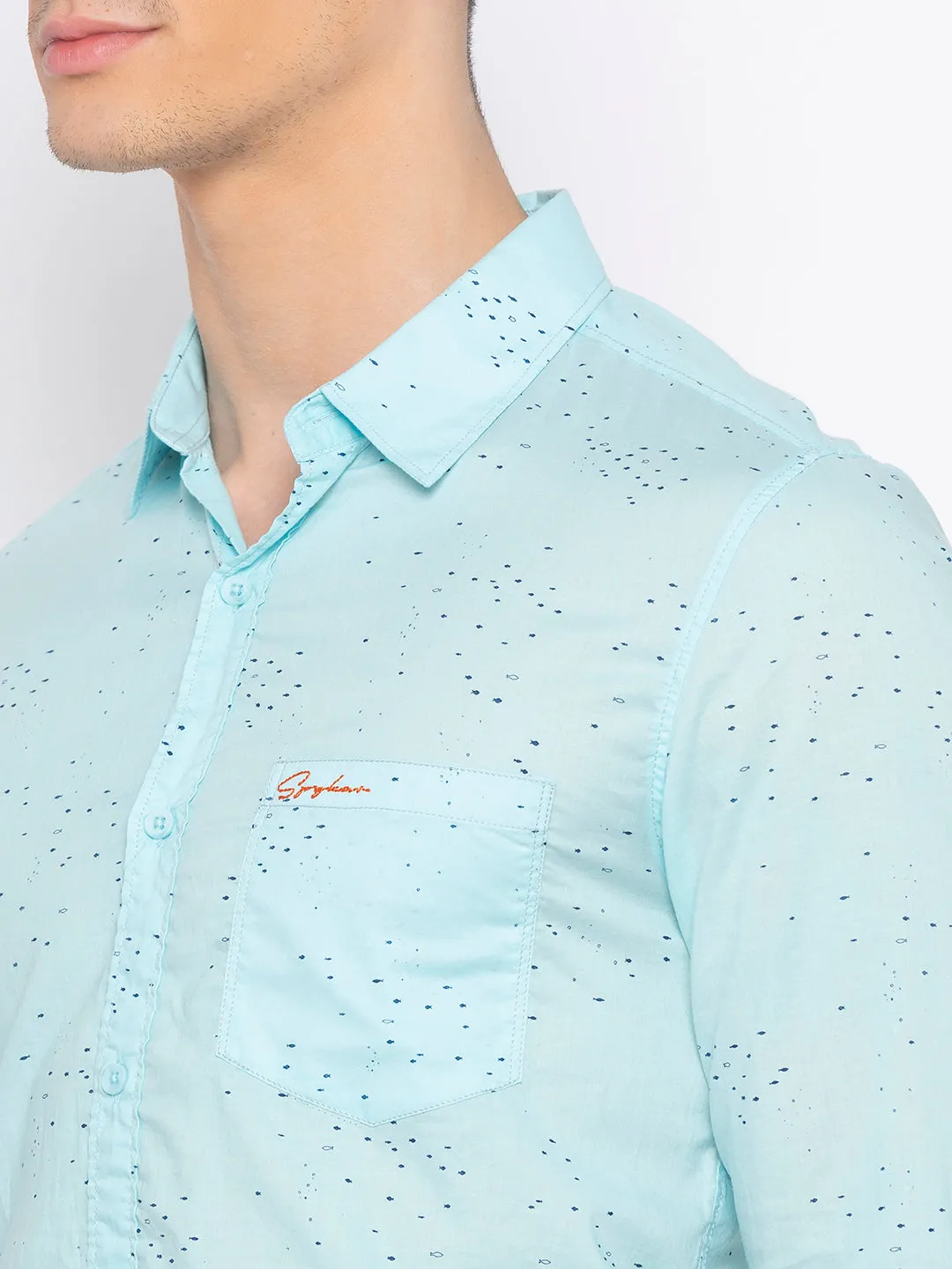 Spykar Men Mint Blue Cotton Slim Fit Shirt