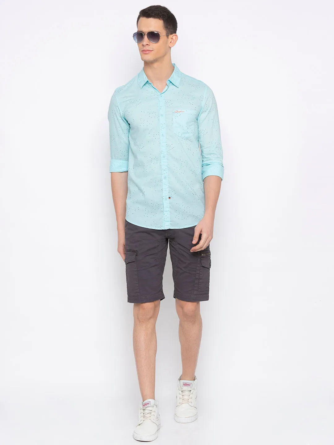Spykar Men Mint Blue Cotton Slim Fit Shirt