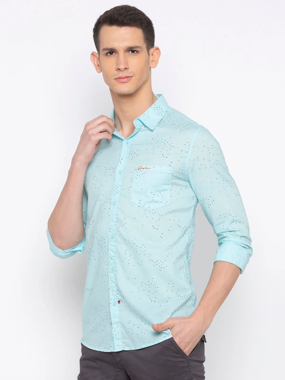 Spykar Men Mint Blue Cotton Slim Fit Shirt