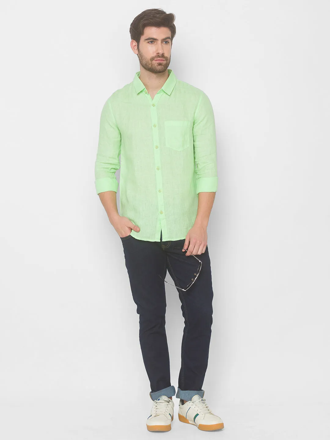 Spykar Men Mint Green Cotton Slim Fit Shirt