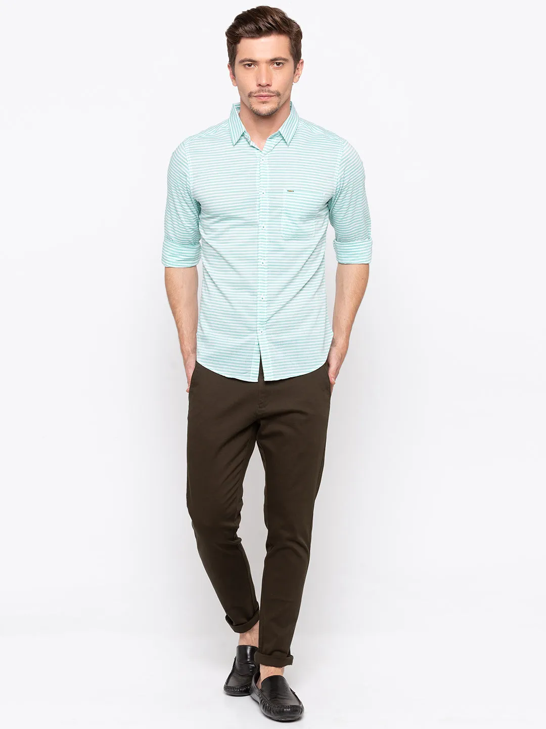 Spykar Men Mint Striped Slim Fit Casual Shirt
