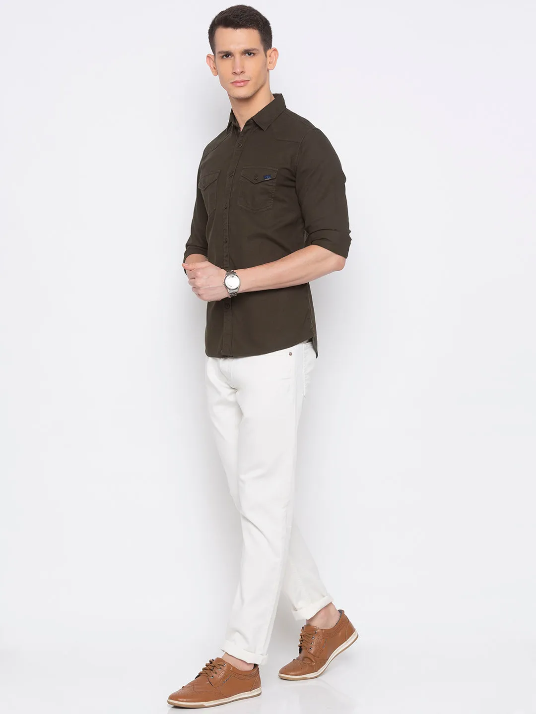 Spykar Slim Fit Men Bottle Green Solid Casual Shirt