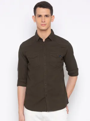 Spykar Slim Fit Men Bottle Green Solid Casual Shirt