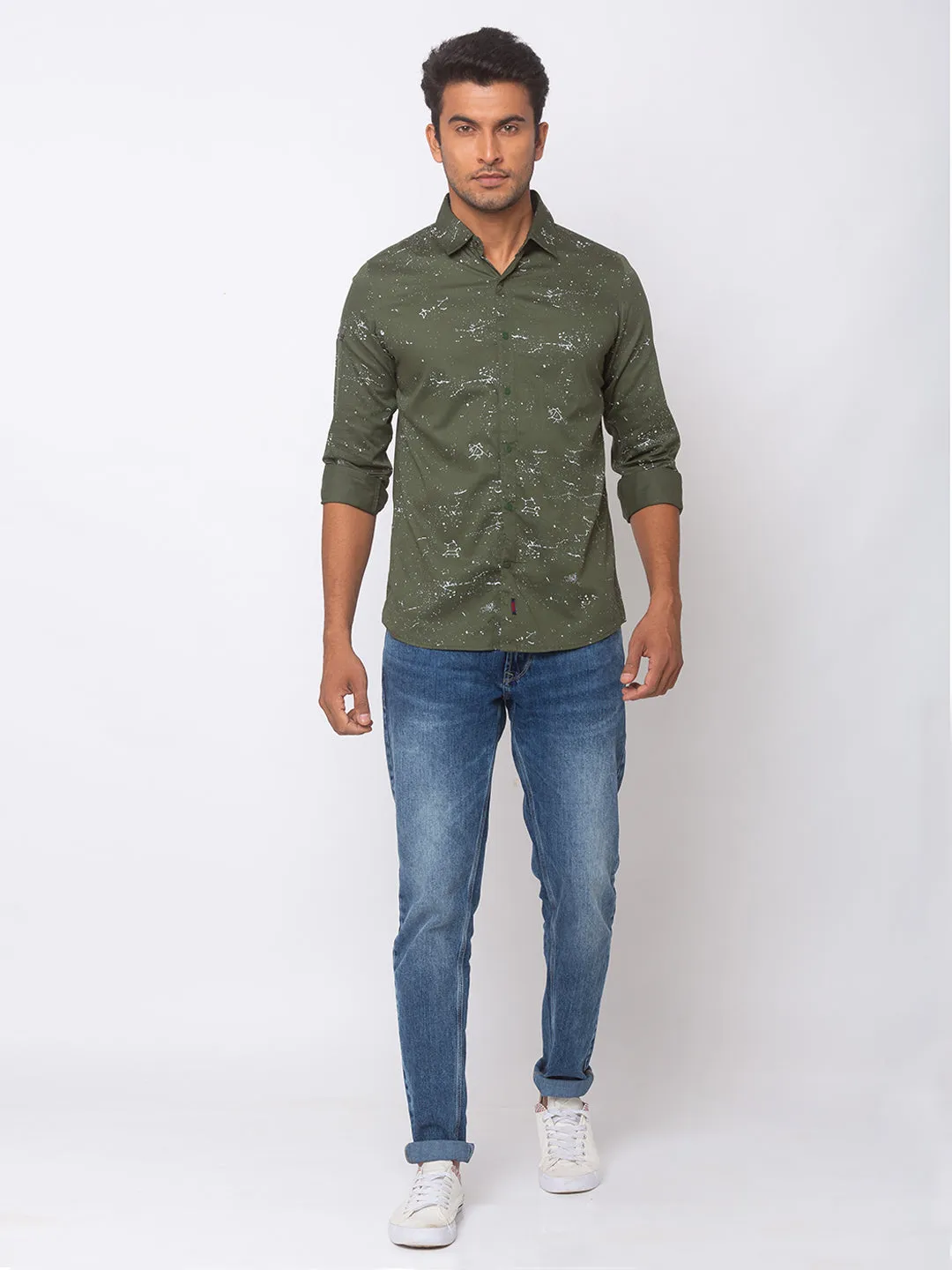 Spykar Slim Fit Olive_Green Cotton Men Casual Shirts