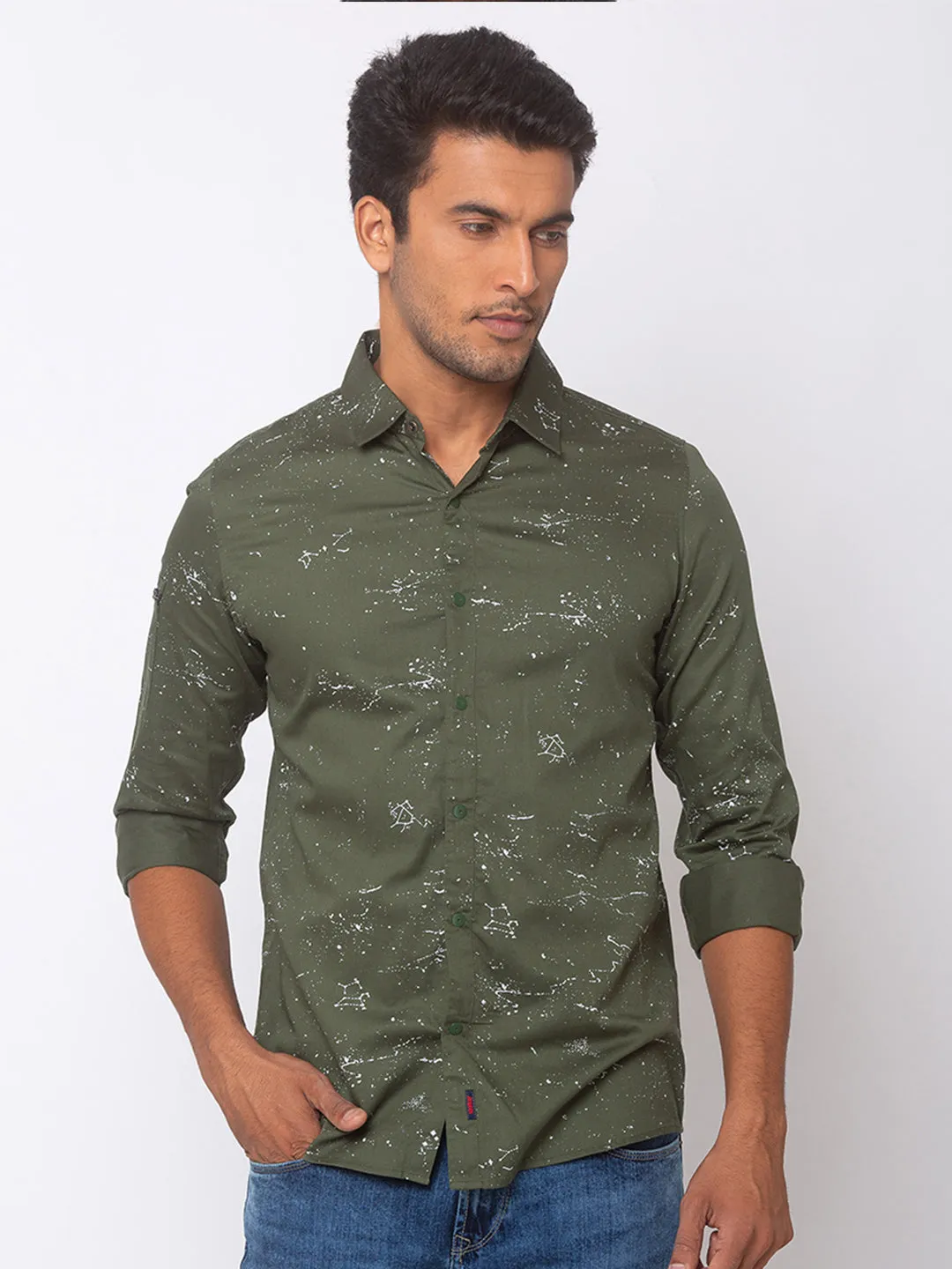 Spykar Slim Fit Olive_Green Cotton Men Casual Shirts