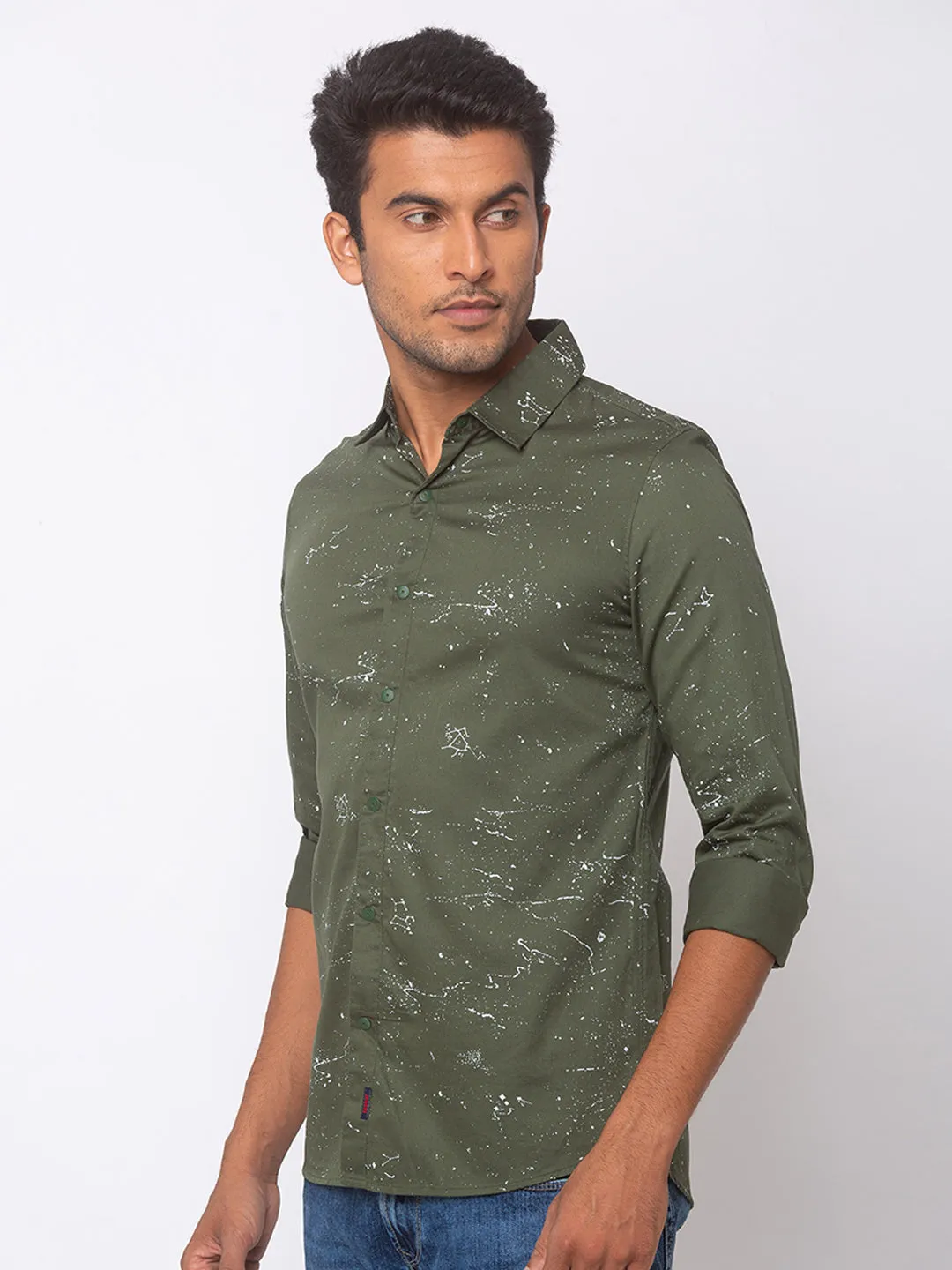 Spykar Slim Fit Olive_Green Cotton Men Casual Shirts