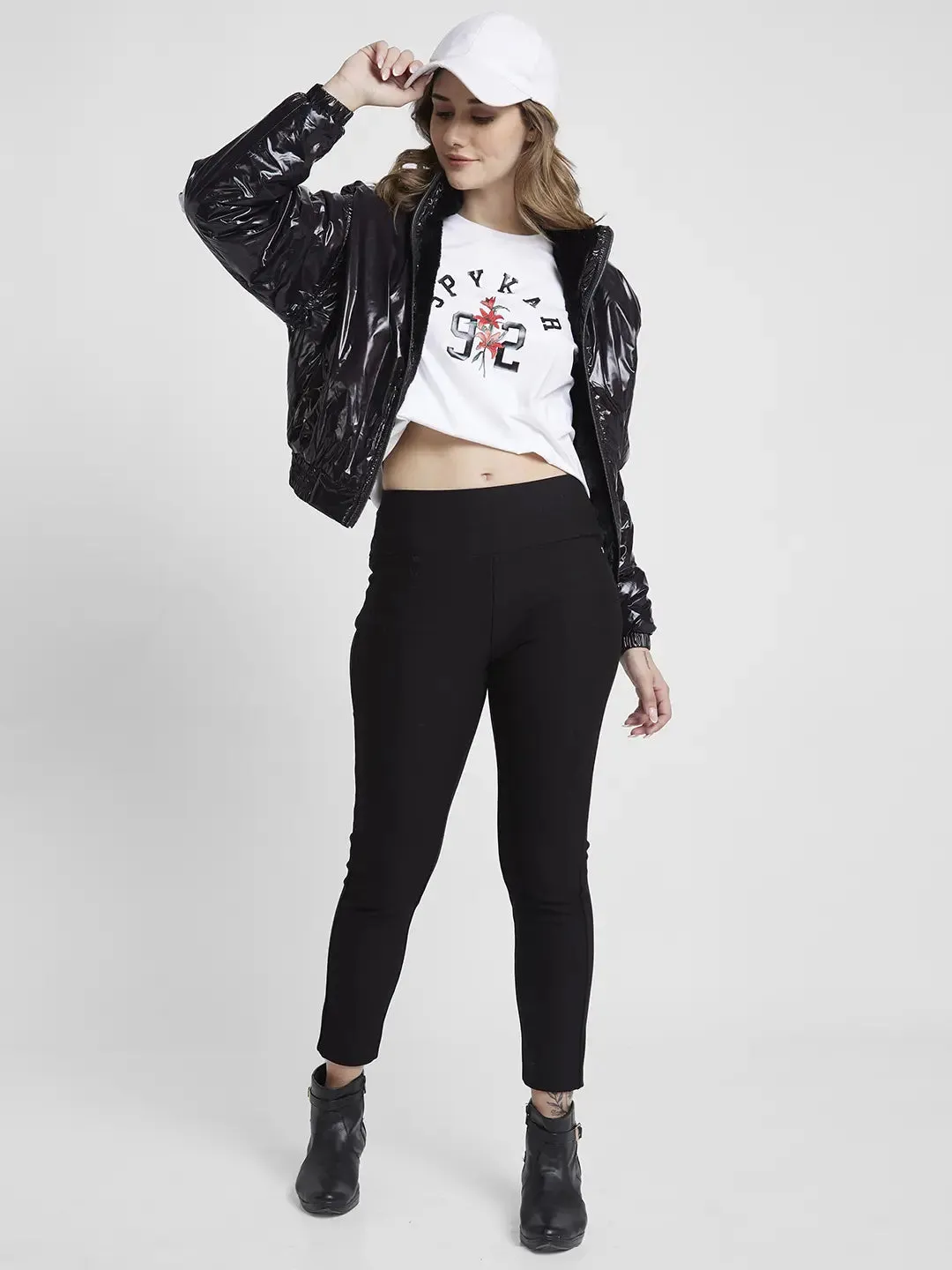 Spykar Women Black Slim Fit High Neck Plain Crop Jacket