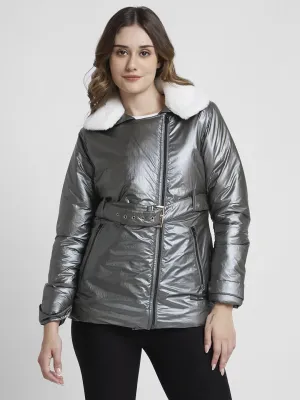 Spykar Women Silver Regular Fit High Neck Plain Jacket