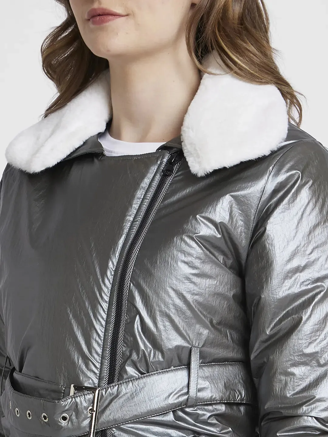 Spykar Women Silver Regular Fit High Neck Plain Jacket