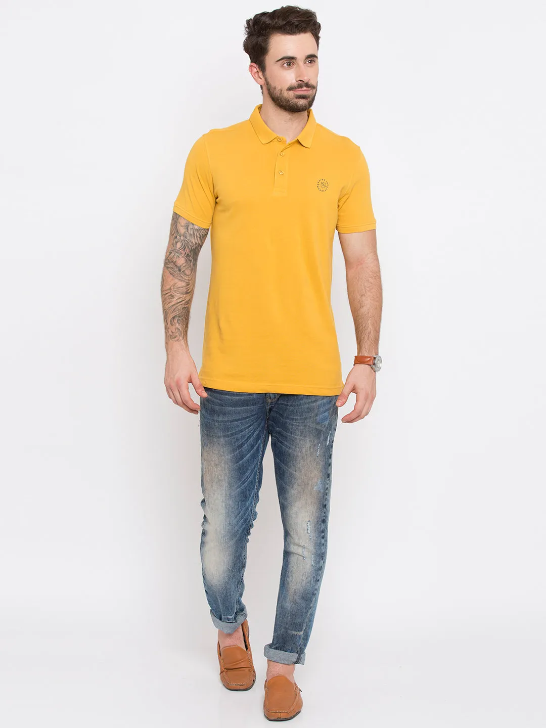 Spykar Yellow Solid Slim Fit Polo Tshirt For Men