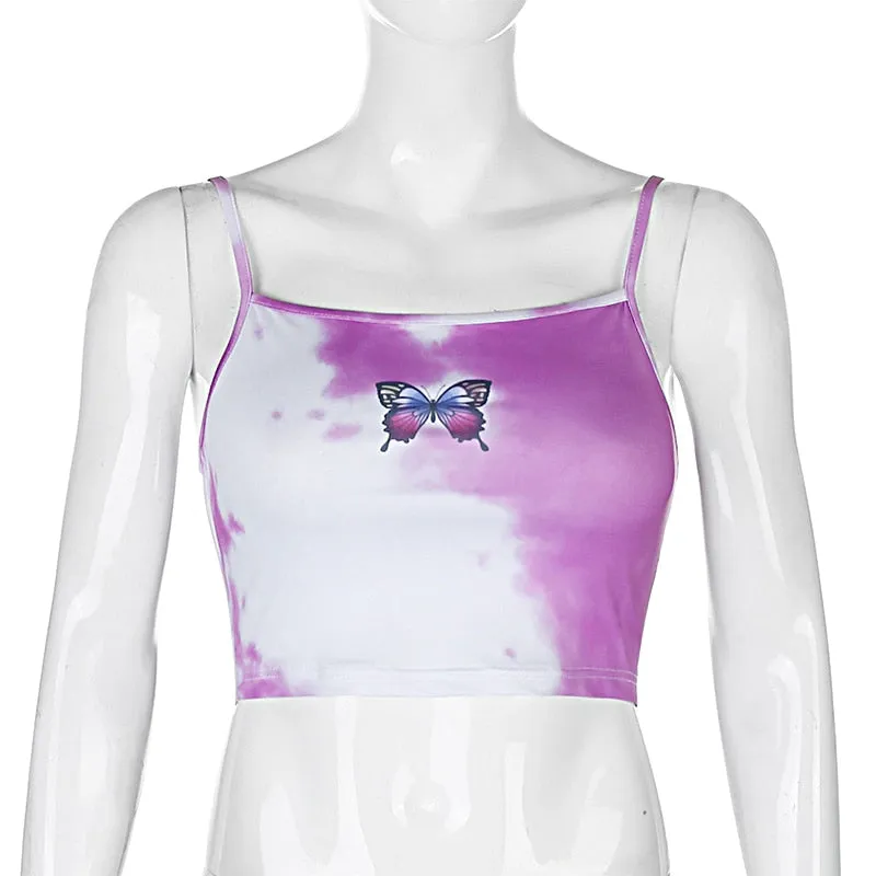 Summer Tie Dye Leisure Crop Top Clothing Butterfly Print Sleeveless