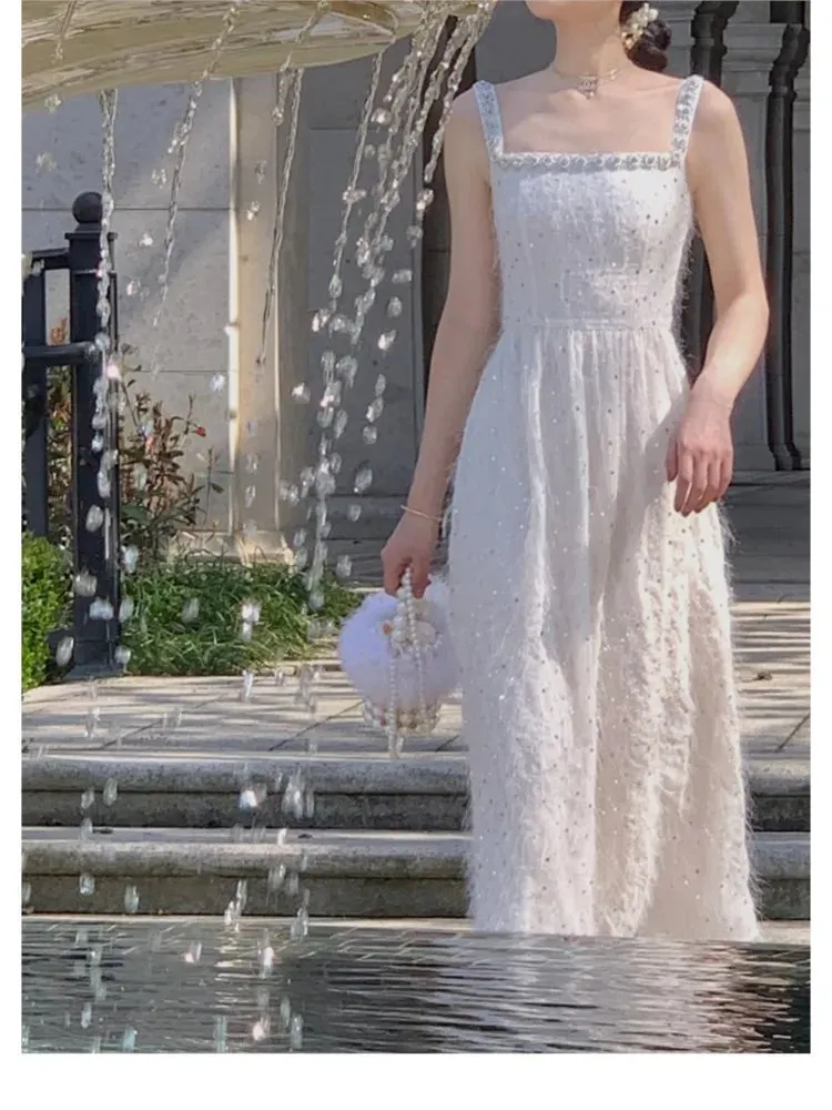 Summer Women Strap Elegant Party Midi Vintage Wedding Evening Birthday Holiday Clothes Sequined Vestidos Prom Dress 2024