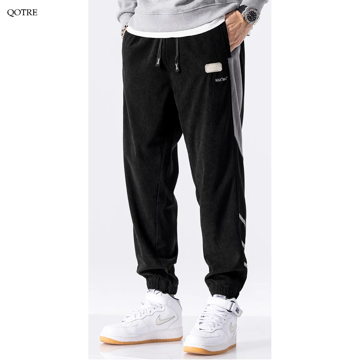 Tapered Elastic Waist Loose Fit Elasticity Color Block Pants